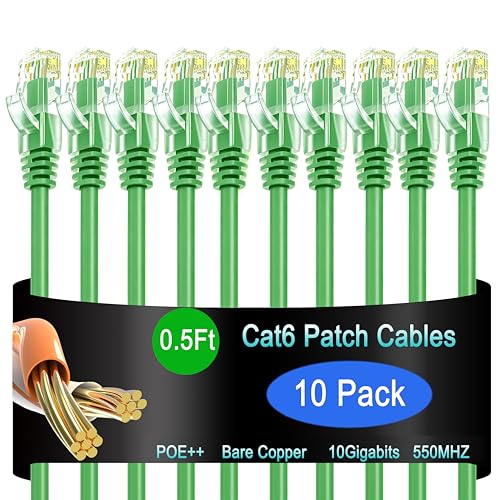 Image of Cat6 Ethernet Patch Cable 0.5 ft (10 Pack), Cat6 Patch Cable for Data Centers, Cat 6 Patch Cable 10G, Network Patch Cables for Home and Enterprise Network -Green