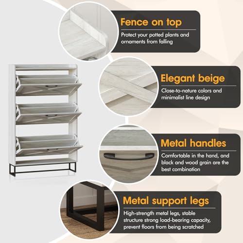 Image of Maupvit Shoe Storage Cabinet with 3 Flip Drawers, Freestanding Organizer with Metal Legs for Entryway, Narrow Shoe Rack Cabinet, Beige