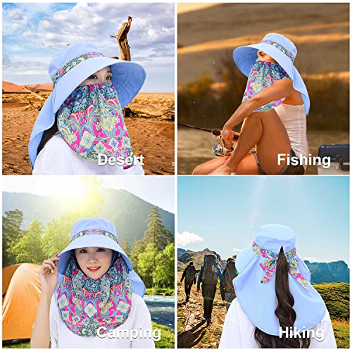 Image of Women Wide Brim Face Mask Sun Hat Detachable Neck Face Flap Ponytail UV Protection Visor Hat Garden Fishing Hiking