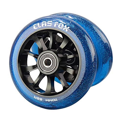 CLAS FOX Pro Scooter Wheels 110mm Transparent Sparkle PU with ABEC-9 Bearings CNC Metal Core (2pcs) (Blue)