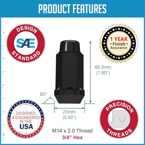 Image of Wheel Accessories Parts 32 Pcs M14 x 2 14 x 2 Thread Bulge Acorn 1.90 inch Long Lug Nuts Black Chrome 3 /4 inch 19mm Hex Fits 2000-02 Ford Excursion 1999-2003 F250 F350 Super Duty