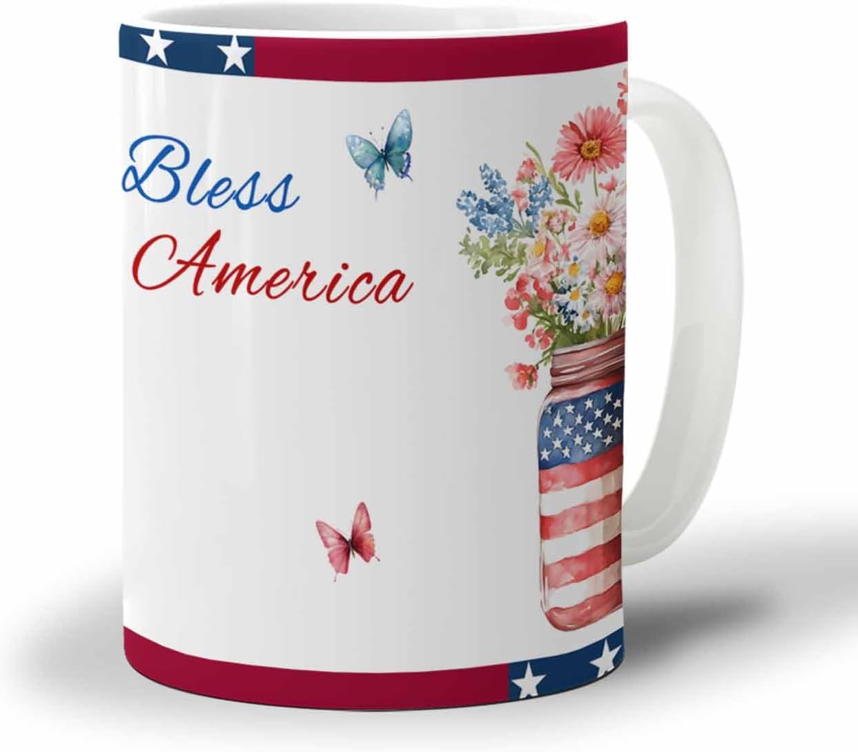 BEMIGO Ceramic Coffee Mug Independence Day 4th of July Ceramic Mug White Cup, Flower Insulated Coffee Cup with Handle with Pattern Perfect for Tea and Hot Beverages, 12oz
