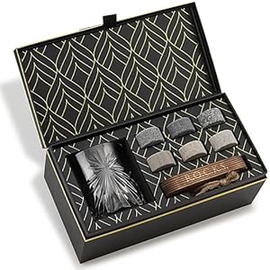 Whiskey Stones & ’s werelds eerste eco-kristallen glazen geschenkset – 6 handgemaakte graniet ronde nipstenen – Europese vervaardigde Soleil Whiskey Tumbler (315ml) – Hardhout presentatieblad – Gouden folie doos