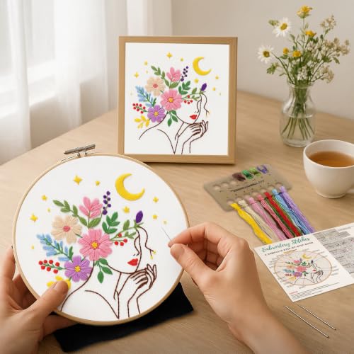 Image of Nuberlic Embroidery Kit for Beginner,Floral Woman Embroidery | Complete Embroidery Supplies, Needlepoint Kit with 7.9Inch Hoop, Stamped Fabric, Threads, Needles and Instructions