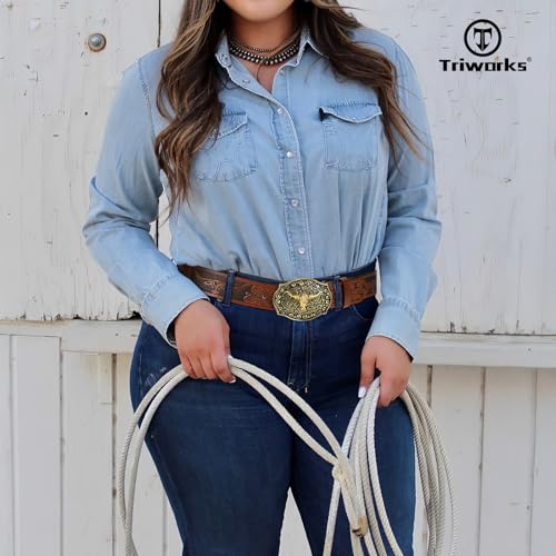 Mens Western Cowboy Belt Cowgirl Belt with Floral Engraved Buckle Belt for Jeans3