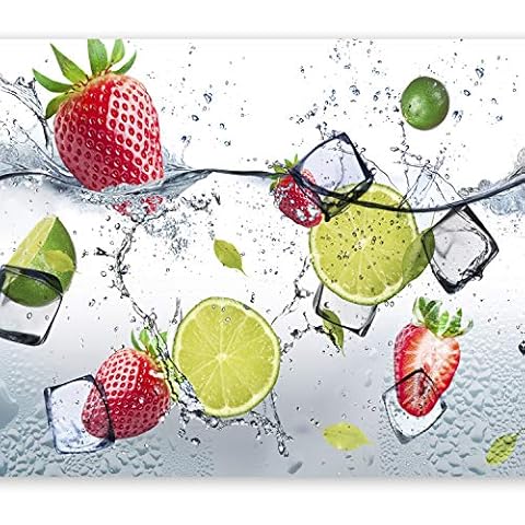 murando Fototapete Küche 350x256 cm Vlies Tapeten Wandtapete XXL Moderne Wanddeko Design Wand Dekoration Wohnzimmer Schlafzimmer Büro Flur Obst Limone Erdbeere grün weiß rot Wasser Eis 10110908-2 Cover
