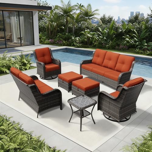 Image of Joyside 7 Piece Wicker Patio Furniture Set, Outdoor Swivel Rocker Patio Chairs with High Back, Deep Seating, Wide Armrest, Thickened Cushions, Outdoor Furniture for Deck, Porch Use