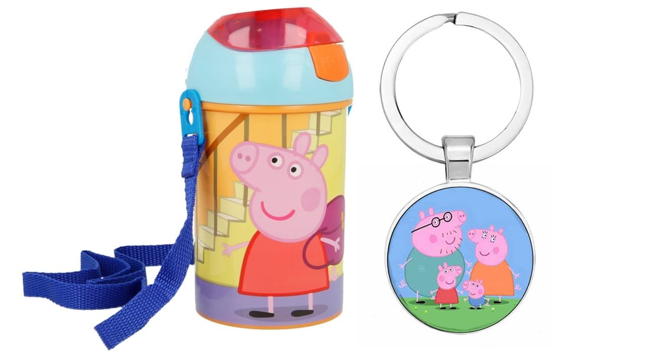 Om Supplies Multicolour Peppa, George, Pig Characters Pop Up Water Bottle Drink Bottle Flask With Neck Cord For Easy Carry School Lunch Kids Childrens 450Ml Includes Peppa, George, Pig Keychain