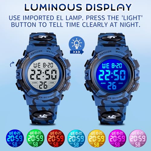 Image of Dayllon Kids Digital Watch Boys Outdoor Sports 50M Waterproof Girls Watches Alarm Clock 12 /24 H Stopwatch Calendar for Ages 3-15 Boy Girl Wristwatch Kids Gift