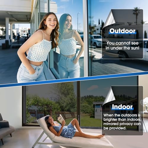Coavas One Way Privacy Window Film Reflective Window Tint for Home,Static Cling Mirror Heat Blocking Covering See Out Not in,Anti-Uv House Daytime Privacy,Black-Silver, 17.5x78.7 in