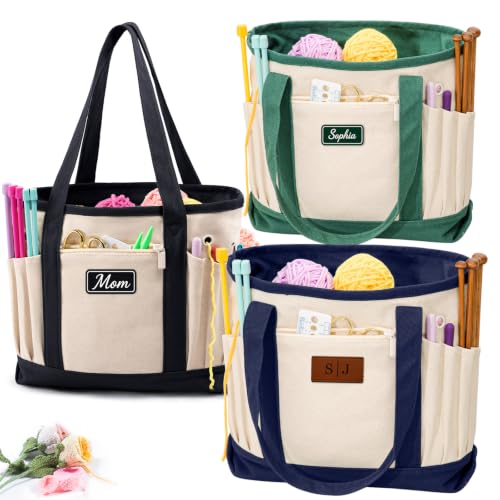 Image of Personalized Crochet Bag with Custom Leather Patch or Embroidered Name, Canvas Knitting Tote for Yarn Storage, Crochet Organizer with Multiple Pockets, Custom Gift for Crocheters & Knitters
