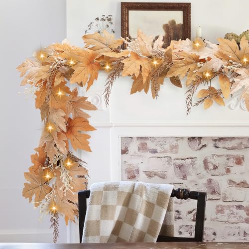 Image of NUTIKAS Neutral Fall Garland with Lights - 6 Ft Lighted Fall Felt Leaves for Mantle Outdoor Decor Light Up Autumn Leaf for Home Fireplace Decorations