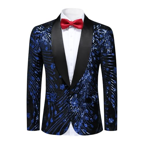 YFFUSHI - Chaqueta de esmoquin con lentejuelas de lujo para hombre, solapa con chalina, brillante, traje elegante con un botón, azul, XL
