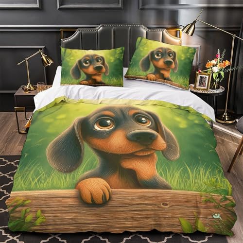 Housse de couette teckel anti-plis grand lit microfibre douce 3D