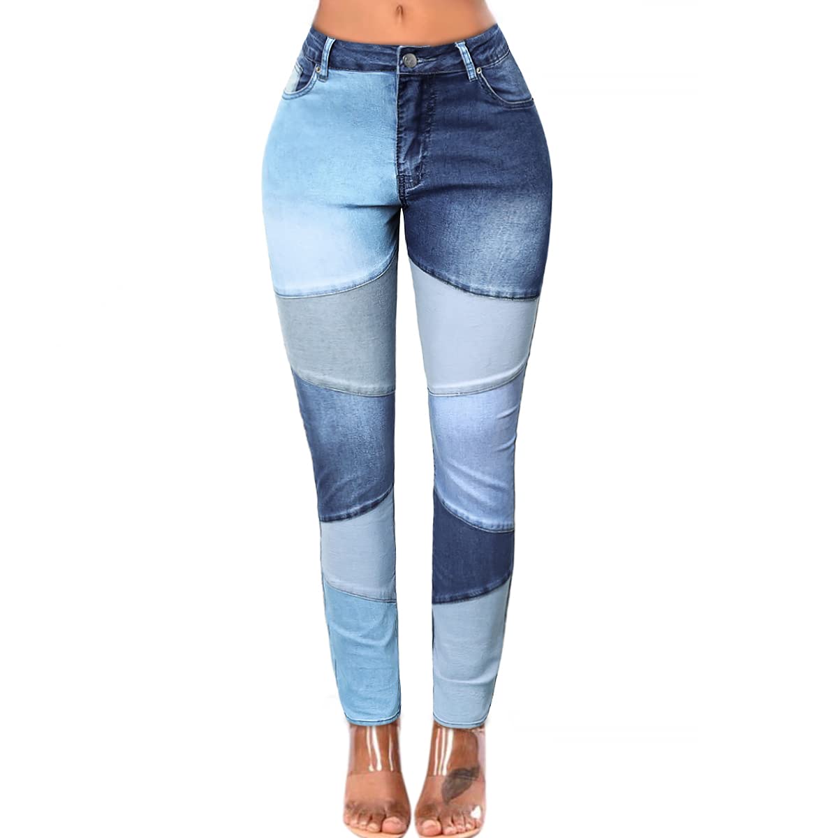vanberfiaWomen Mid Waist Stretchy Patchwork Denim Pants Jeans