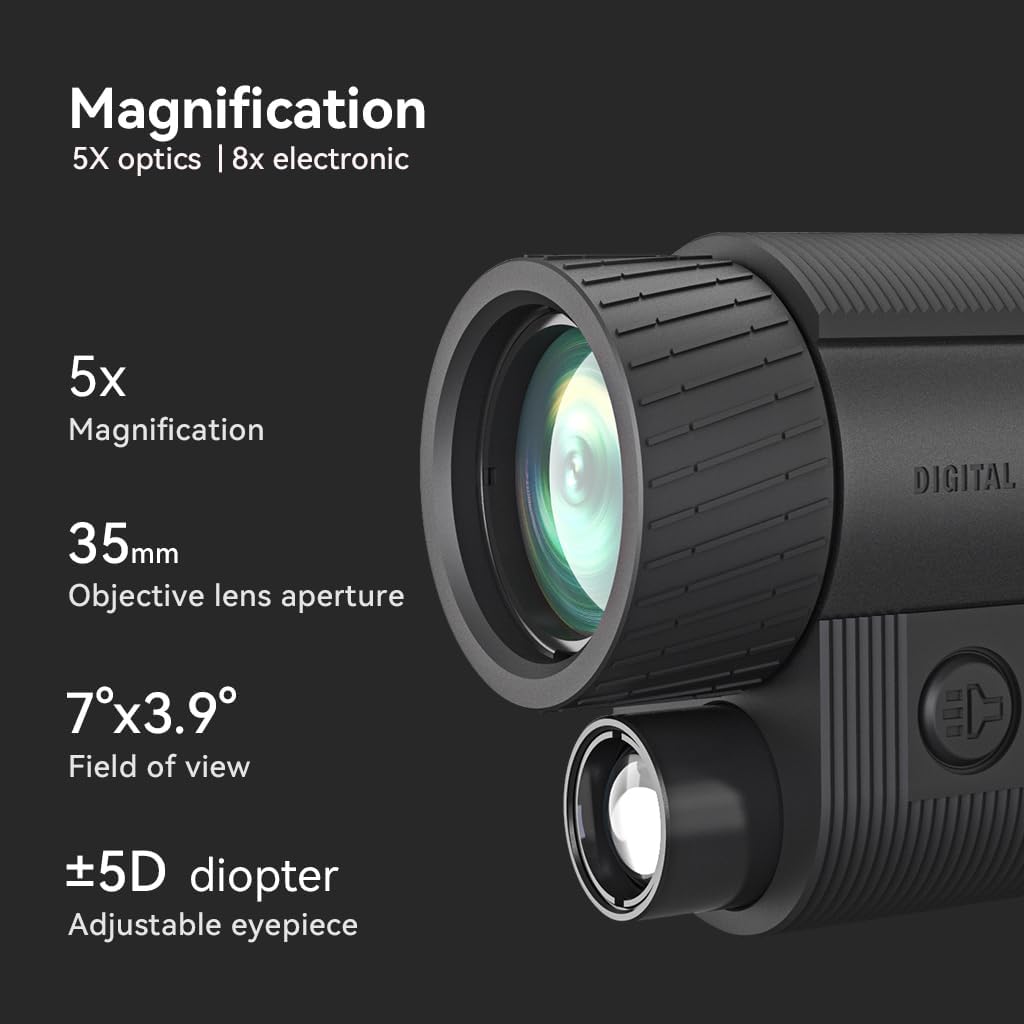 Diagram illustrating the 5x optical and 8x electronic magnification capabilities of the MILESEEY NV20 monocular.