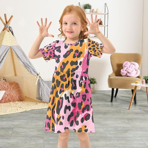ALAZA Girls' Dresses Pink Yelliw Leopard Animal Print Short Sleeve Dresses3
