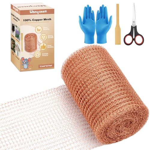 Wanqueen Copper Mesh Roll for Mice Rat Rodent Repellent, Sturdy 5" * 32Ft Copper Wool Mouse Trap for Bat Snail Bird Control with Packing Tool