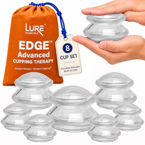 Image of Lure Essentials Edge Silicone Cupping Set, Cupping Kit for Massage Therapy, Long Lasting Cups for Professional & Home Use, Body Sculpt Cup for Cellulite, Ultra Transparent Clear (8 Count)