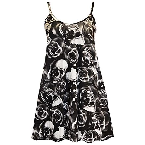 FashionMark Womens Plus Size Strappy Skull Rose Print Flared Swing Dress Top Vest Cover