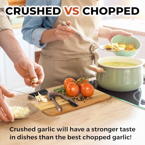 Image of Zulay Kitchen Large Premium Garlic Press Set - Bigger Bowl for Bigger Garlic - Rust Proof Garlic Mincer Tool - Easy-Squeeze, Easy-Clean Silicone Garlic Peeler & Brush (Copper)