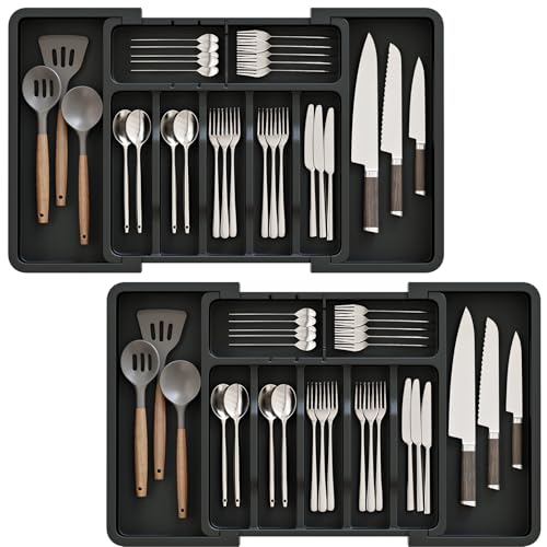 ABHENG Organizador de Cubiertos,Lot de 2, Organizador de Cajones para Utensilios de Cocina Extendible y Ajustable, Portacubiertos de Plástico con 9 Compartimientos, Negro, AFD012B