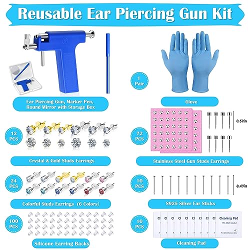 Ear Piercing Gun with Piercing Tools Kit, Professional Ear Nose Piercing Gun Machine with Stainless Steel Piercing Studs, Crystal Earrings Set for At Home Salon Earlobe Cartilage Helix Tragus Piercing