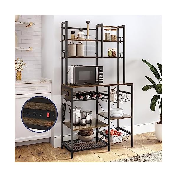 BELLEZE Kitchen Bakers Rack with Power Outlet, 7-Tier Coffee Bar Table, Microwave Stand with Storage, 10 Hooks & 2 Baskets, Kitchen Storage Rack Shelf for Spices Pots & Pans, 35.5x15x66 Inch, Brown