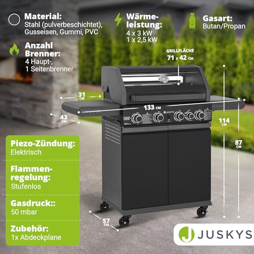 Savannah BBQ Gas Barbecue - 4 Burners and 1 Side Burner - XXL Steel Gas Grill with Cast Iron Cooking Grate, Hob, Base Cabinet for Gas Bottle