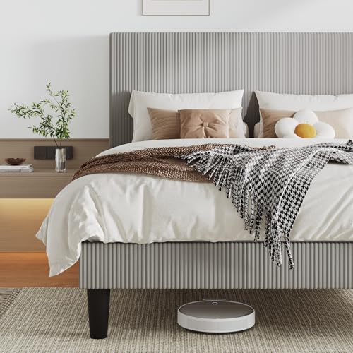 Image of Allewie Queen Bed Frame, Corduroy Tufted Headboard, Light Grey | Soft Corduroy Fabric, Adjustable Headboard, 900 lb Capacity, Wooden Slats, No Box Spring Needed, Easy Assembly
