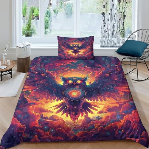 búho Bedding Set, Juego De Sábanas De Cama Microfibra Suave, Edredón Y Fundas De Almohada, Ropa De Cama para Niños Y Niñas, Duvet Cover Set Fácil De Cuidar Single（135x200cm）