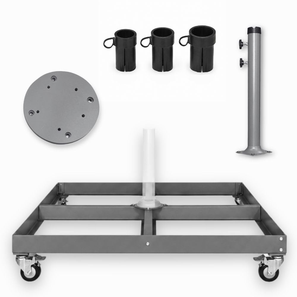 RS Trade Universal Sonnenschirmständer mit Rollen aus pulverbeschichtetem Stahl, inkl. Schirmrohr mit Adaptern 32/34/36 mm und 5-Loch-Aufnahme, für Ampelschirme, Mittelstockschirme & Marktschirme
