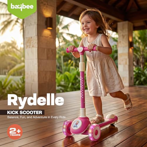 Image of Baybee Rydelle 3 Wheel Kick Scooter for Kids with LED Light Up Wheels & Music | Foldable, 3 Height Adjustable Kid Scooter Handle & Brake | Runner Scooters for Kids 2 to 10 Years Boys Girls (Red)