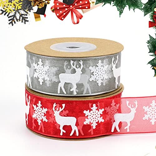 Organza Ribbon 2Rolls, Christmas Ribbon Sheer Xmas Wrapping Ribbon 25mm with Snowflake Elk, 20M Red Grey Gift Wrapping Ribbon for Christmas Decoration Craft Making Bows and Wreaths Xmas Tree Decor