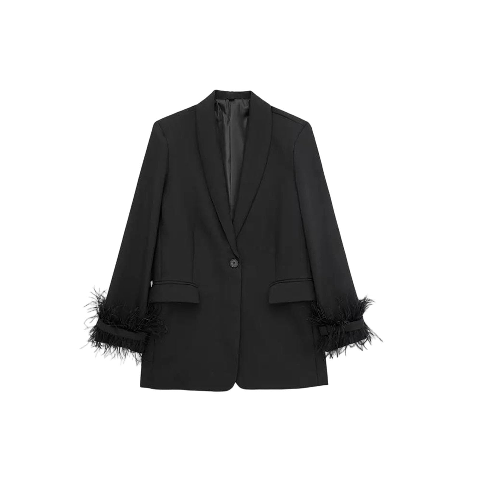 Womens Vintage Blazer with Feather Detail Notched Neck Single Button Straight Fit Long Sleeve Outfits