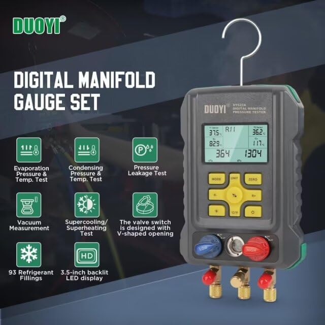 Digital Manifold Gauges HVAC for 92 Refrigerant Digital Gauges HVAC pressure&Temp Test Air Conditioning Tools & Equipment Supercooling/Superheating Test,for Cold Storages/Refrigerators AC Recharge Kit