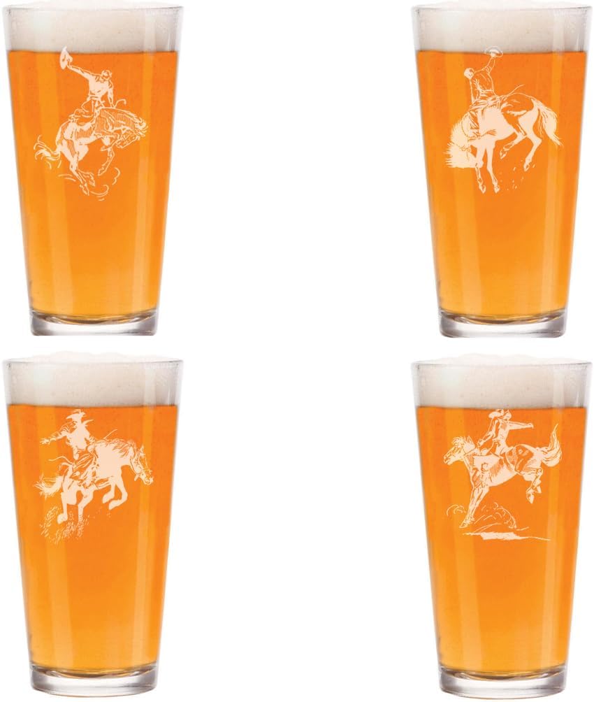 MIP Set of 4 Glass 16 oz Beer Pint Glass Gift Bronco Buster Rodeo Western Cowboy Horses Collection