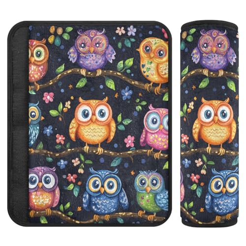 Image of Vibrant Owls Branches Flowers Spring Seat Belt Cover Pad 2 Pcs Soft Cute Seatbelt Covers Protector Support Head Neck Shoulder Strap for Car Seats High Chair Backpack for Adults Kids Women Men 1