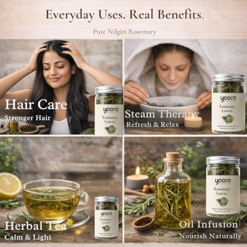 Image of YAARA Premium Rosemary Leaves Organic, Dried Rosemary Leaves for Hair Growth, Seasoning, Cooking, Herbal Tea, Hair Oil, Reduce Hair Fall (50Gram)