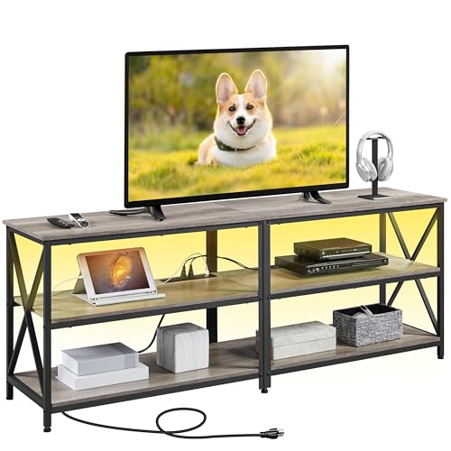 Yaheetech TV Stand with Power Outlet for 75 Inch TV, 3 Tiers TV Storage Cabinet Entertainment Center, Retro 63 Inch Long TV Console Table with Charging Station for Living Room, Gray