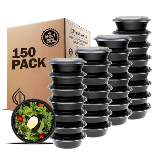 Image of Freshware Meal Prep Containers with lids [150 Pack] Food Storage Containers, Bento Box, BPA-Free, Stackable, Microwave, Dishwasher, Freezer Safe, 32 Oz, Black