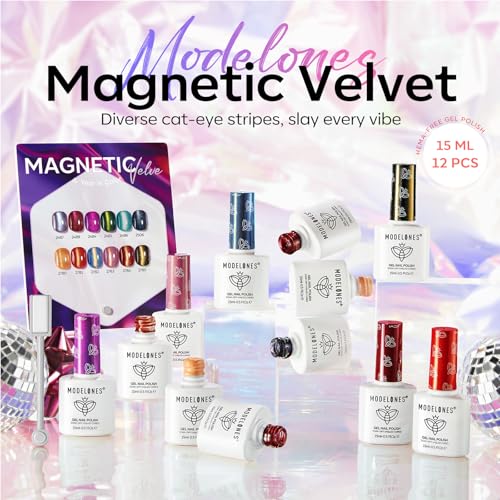 Image of modelones 12Pcs 15ML Cat Eye Gel Nail Polish Set, Same Color Same Bottle Summer Green Blue Yellow Pink Red Purple Cateye Gel Polish Set with Magnet Sparkle Series Hema-free Gel Polish Kit Nail Art
