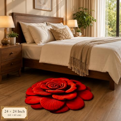 Image of Red Rose Decorative Floor Mat | Anti-Slip, Water Absorbent & Machine Washable | Premium Soft Microfiber Decorative Rug for Home, Living Room & Bedroom | 25x25 Inch, (Red, Rose Flower)