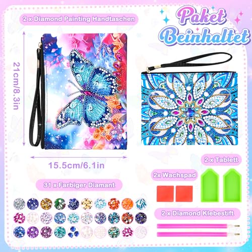 Diamond Painting Kinder ab 8 10 Jahre, Geschenke Mädchen 6 7 8 9 10 11 12 Jahre, Basteln Mädchen 5-12 Jahre, Bastelset Kinder ab 6 Jahre 2 Stücke Handtaschen Geburtstagsgeschenke für Erwachsene