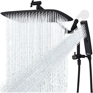 G-Promise All Metal 14 Inch Shower Head with Massage Mode Handheld, Rain Shower Head with Handheld Spray Combo, 3-Way Diverter with Pause Setting, 12 Inch Adjustable Extension Arm (Matte Black)