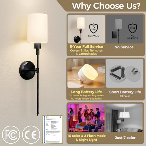 Image of DORESshop Battery Operated Wall Sconce Set of 2, Wireless Wall Light Easy to Install, 7 Color Rechargeable Wall Sconces, Sconce Wall Decor Set of 2 for Bedroom, Living Room, Black, 24.3in