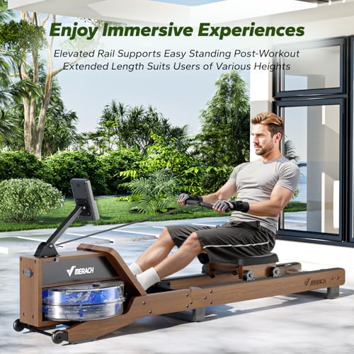 MERACH Water Rowing Machines for Home, Wood Rower Machine with 12 Enhanced Resistance Blades, Upgraded Handle, Adjustable Footpad, Dedicated Monitor & Bluetooth App