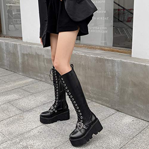 Image of Parisuit Women's Knee High Goth Platform Boots Lace Up Combat Boots | Chunky High Heel, Buckle Boots, Punk Chain Boots