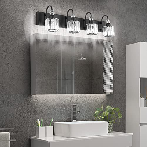 Image of Ralbay Modern Black Vanity Light - 4-Light Crystal Bathroom Wall Light Fixtures in Matte Black