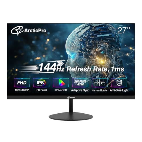 ArcticPro 27inch Computer Monitor, FHD 1080p, 144Hz Office and Gaming Monitor, IPS, Adaptive Sync, 110% sRGB, 1ms, 3-Sided Frameless, Ultra Slim, VESA Mountable, Anti-Blue Light Design, HDMI, DP